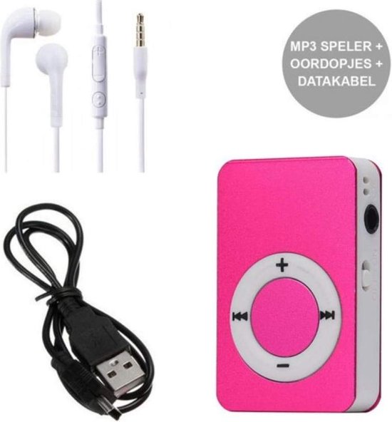 Mini MP3 Speler met in Ear Koptelefoon en USB Kabel Roze bol