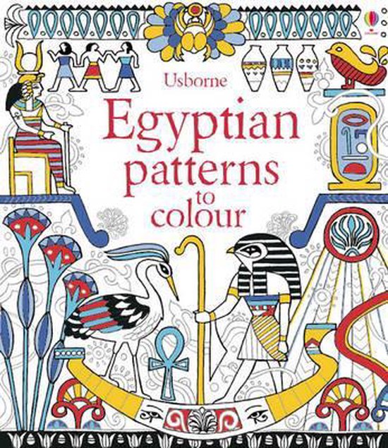 Boek 'Egyptian patterns to colour' met een illustratie van Egyptische figuren, vogels, planten en boten in kleurrijke patronen.