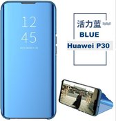 Clear View Mirror Stand Cover + 3D Full Cover 9H Tempered Glass Screenprotector voor de Huawei P30 _ Blauw
