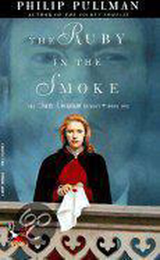 Couverture du livre The Ruby in the Smoke montrant une femme aux cheveux roux portant une robe rouge, tenant un mouchoir blanc. Une image plus grande d'un homme est visible en arrière-plan.