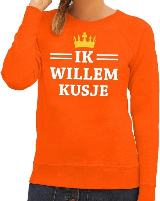 Oranje Ik Willem kusje sweater dames - Oranje Koningsdag kleding S