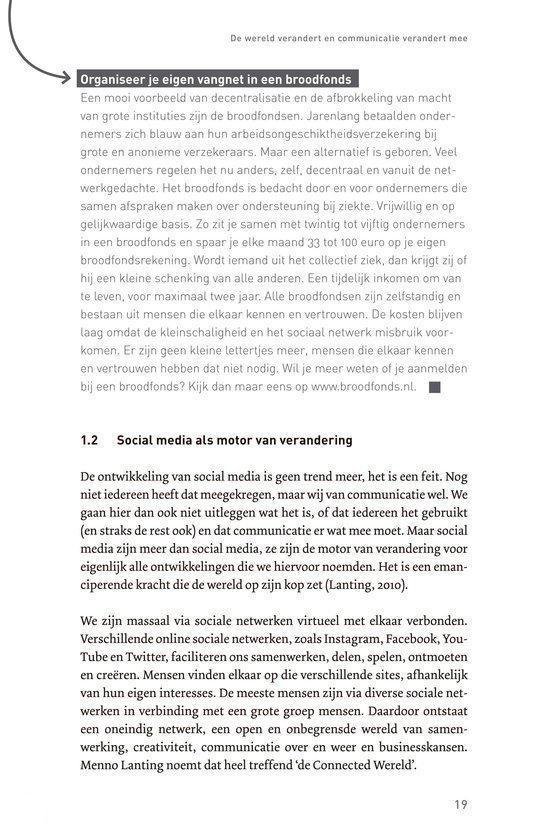 Tekst over het organiseren van een brodfonds, de voordelen en de impact van social media op verandering.