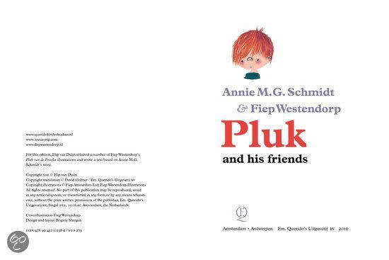 Boekomslag: "Pluk and his friends" van Annie M.G. Schmidt & Fiep Westendorp. Rode titel, met een jongetje bovenin.