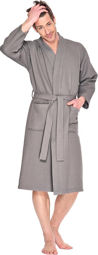 Wafel badjas voor sauna taupe XL - sauna badjas unisex - biologisch katoen - wafel badjas taupe