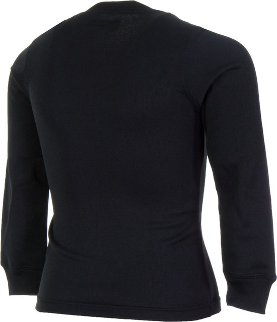 Achterkant van een zwarte lange thermoshirt met ronde hals.