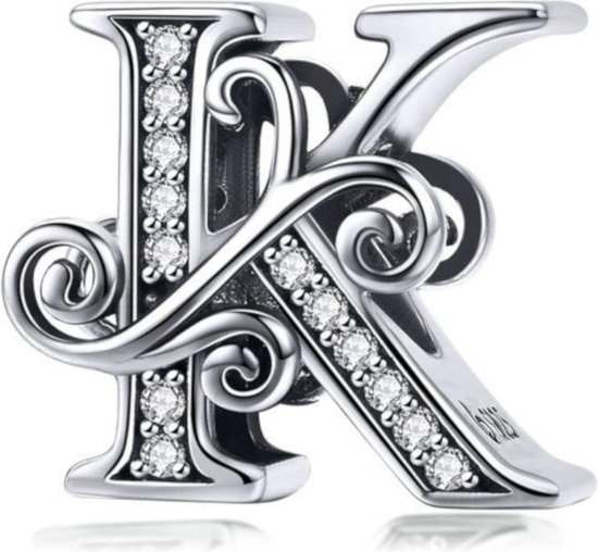 Zilveren alfabet bedel letter K met transparante zirkonia steentjes