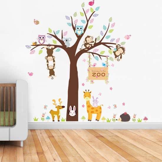 Muursticker dieren in boom - kleurrijk - dierentuin | kinderkamer - babykamer | modern - decoratie