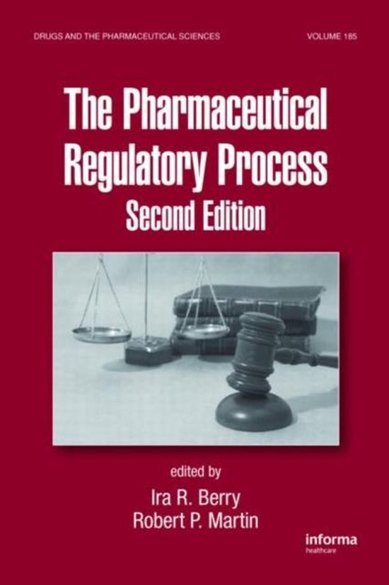 Boek "The Pharmaceutical Regulatory Process, Second Edition" met weegschaal en gerechtsmokers.