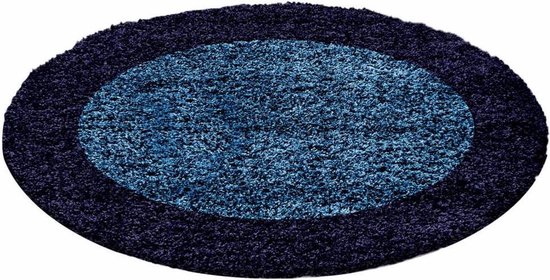Flycarpets Candy Shaggy Vloerkleed - 120cm - Lijstmotief Marineblauw - Rond
