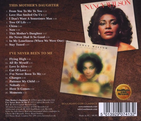 Achterkant van de 'This Mother's Daughter / I've Never Been To Me' CD. Tracklijsten en twee portretten van Nancy Wilson.