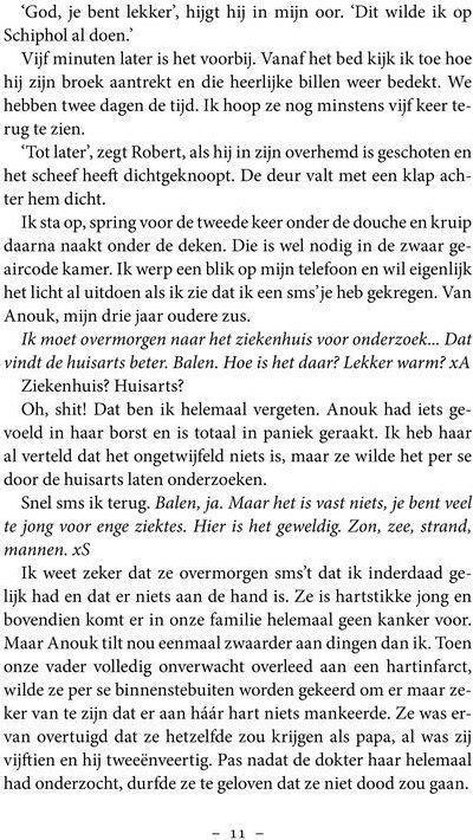 Tekstpagina uit een boek, met een dialoog over een ziekenhuisbezoek en familie.