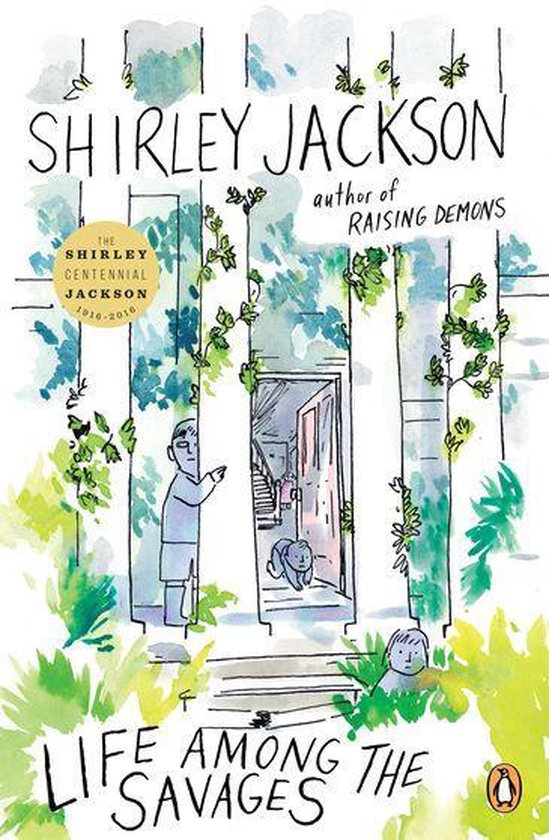 Couverture du livre 'Life Among the Savages' de Shirley Jackson, avec une illustration d'une maison et de personnages.