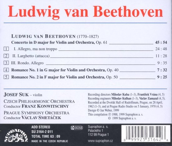 Achterkant van een CD met Ludwig van Beethoven, concerto's en romance-tracks, Josef Suk, Tsjechisch Filharmonisch Orkest, Praags Symfonie Orkest.