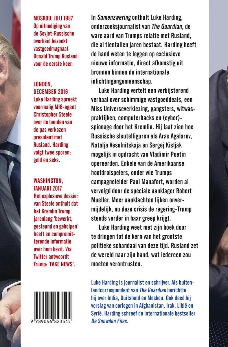 Boekomslag van 'Samenzwering' met foto van Luke Harding en Donald Trump. Tekst: "SAMENZWERING Hoe Rusland Donald Trump aan zijn overwinning hielp".