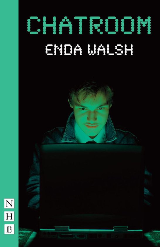 Jonge man met spijkerjasje kijkt naar een laptop. Boven hem staat 'CHATROOM ENDA WALSH'.