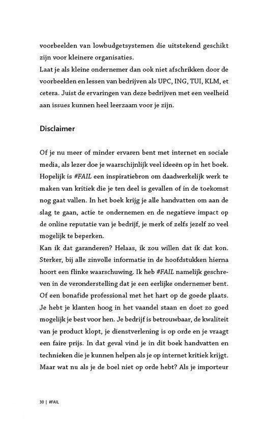 Tekstpagina uit een boek, met een 'Disclaimer' en verwijzingen naar UPC, ING, TUI, KLM, et cetera.