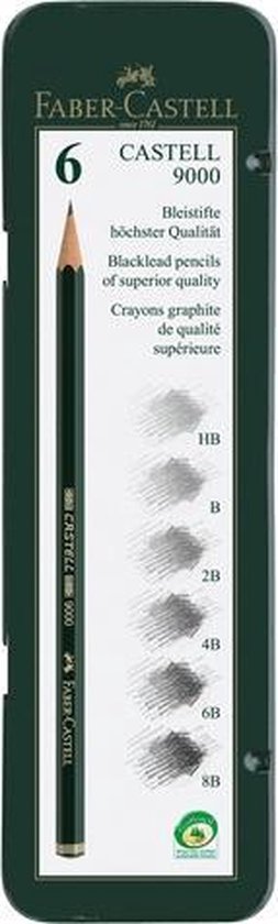 Boîte Faber-Castell Castell 9000 avec 6 crayons, HB à 8B.