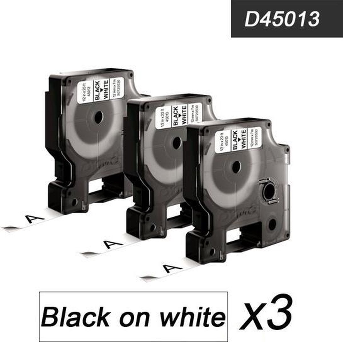 3x Compatible voor Dymo 45013 Standard Label Tape - Zwart op Wit - 12mm