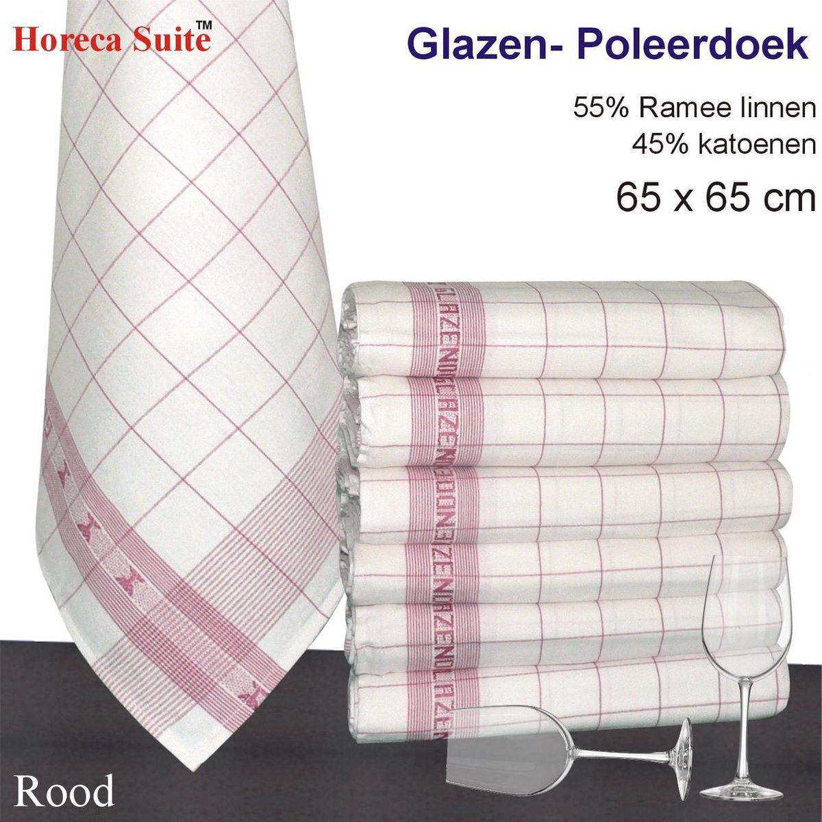 Hom Glazendoek - Poleerdoeken jacquard rood ruiten 65x65cm - set van 6 stuks - 50% Ramee linnen 5