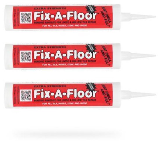 Drie kokers Fix-A-Floor lijm voor vloerreparatie, horizontaal gestapeld met rode en witte branding.