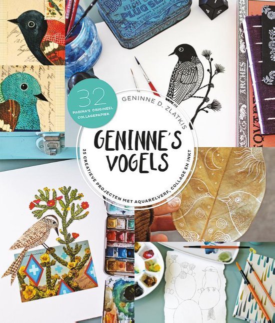 Boekomslag met collage van vogels in verschillende stijlen en aquarelverf. Titel: Gennine's Vogels.