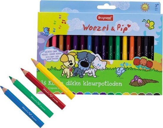 Bruynzeel Woezel & Pip 16 korte dikke kleurpotloden met slijper