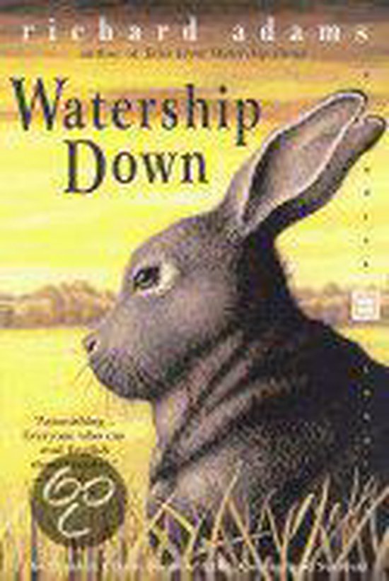 Boek "Watership Down" met een konijn op de voorgrond, titel en auteur zichtbaar.