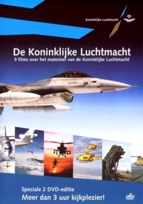 DVD-hoes met een straaljager en verschillende helikopters en vliegtuigen. Tekst: Koninklijke Luchtmacht, 9 films over het materieel, Speciale 2 DVD-editie, Meer dan 3 uur kijkplezier!