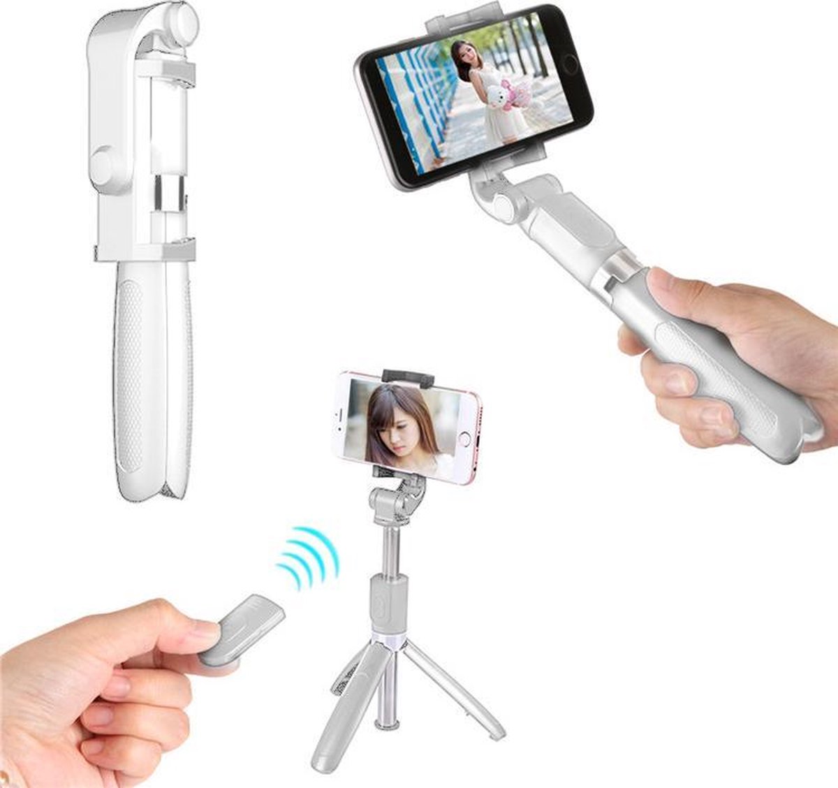 Selfie Stick Tripod - Statief Smartphone - Universeel - Bluetooth - Wit - Incl. Afstandsbediening! (3 in 1)