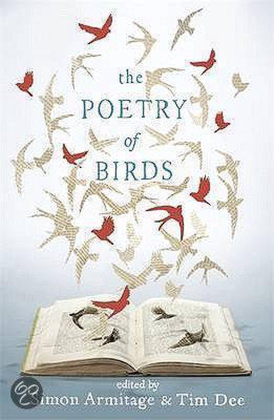 Boek getiteld 'The Poetry of Birds', met rode en beige vogels die uit een open boek vliegen.