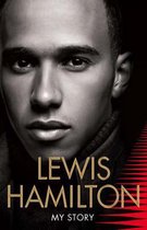 Zwart-witportret van Lewis Hamilton met de titel 'Lewis Hamilton: My Story' in goudkleurige letters.