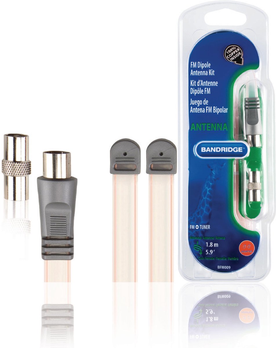 Bandridge FM dipool antenne met coax connector m/v - 1,8 meter
