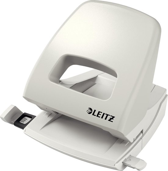 Lichtgrijze Leitz perforator met Leitz logo en een papiereinlegger.