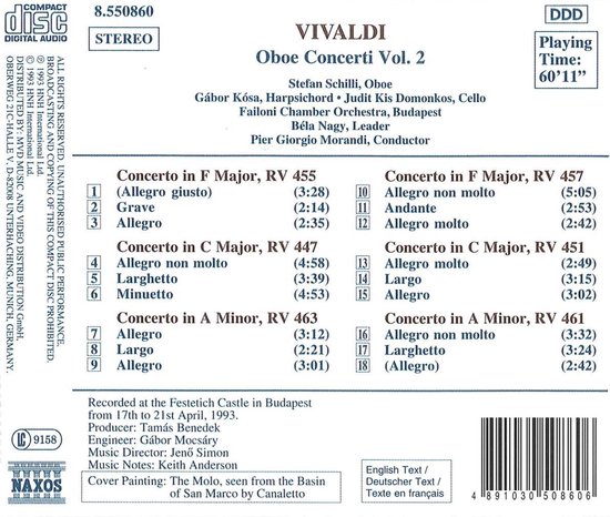 Vivaldi Oboe Concerti Vol. 2 CDhoes met tracklijst. De achterkant bevat trackinformatie, opnamedatum en 'The Molo, seen from the Basin of San Marco' schilderij.