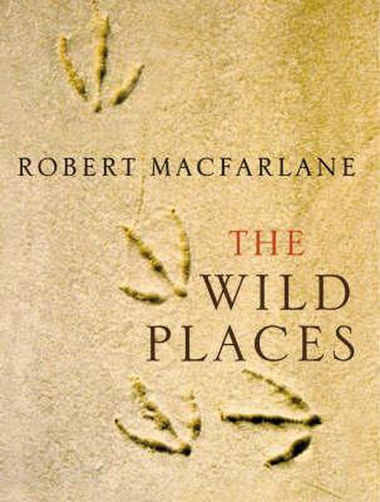 Boekcover met tekst 'THE WILD PLACES' van Robert Macfarlane, met afdrukken van vogels in het zand.