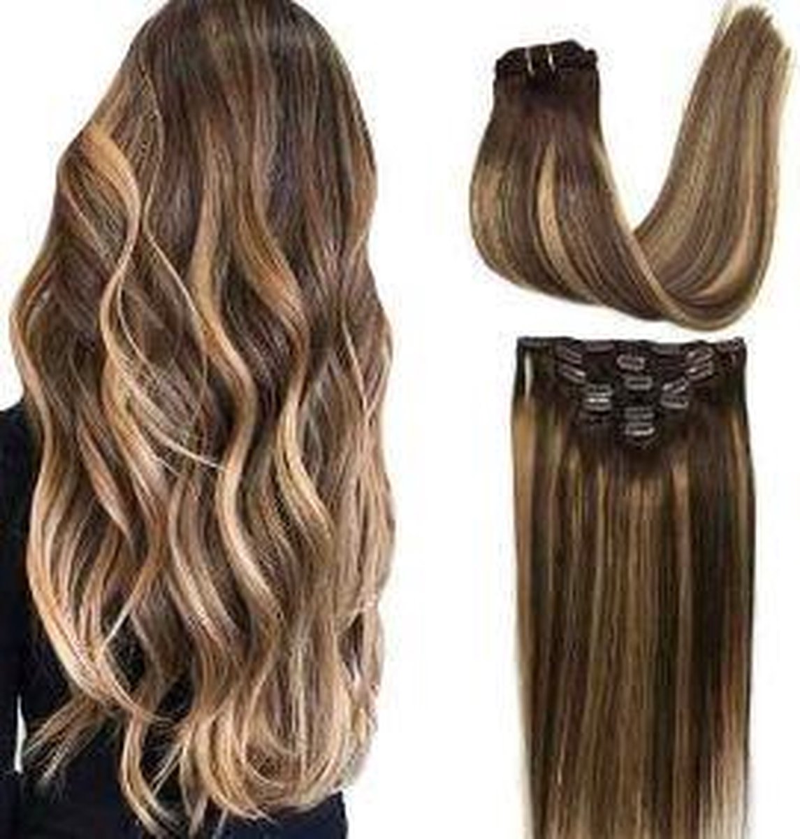 Clip In Hairextensions Bruin/blonde highlights 50cm 100%Echt haar extensions | bol.com