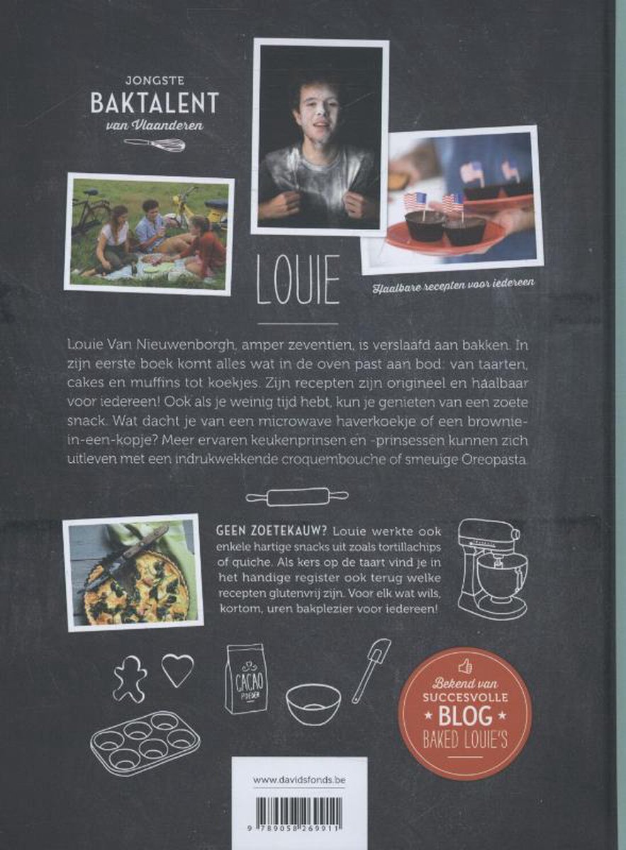 Achterkant van 'Baked Louie's' kookboek met foto's, recepten en tekst in het Nederlands.