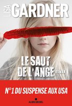 Een meisje met blond haar houdt een rode veer voor haar ogen. De titel 'Le Saut de l'ange' is erop gedrukt.