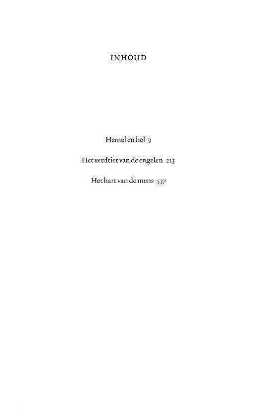 Inhoudsopgave met titels en paginanummers: 'Hemel en hel', 'Het verdriet van de engelen', 'Het hart van de mens'.