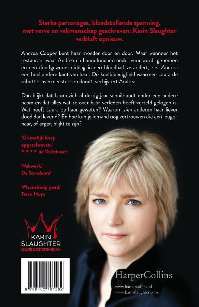 Achterkant van het boek "Gespleten" met een portret van een vrouw met blond haar en blauwe ogen.
