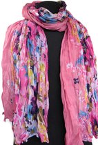 Roze vicose crinkle dames sjaal met kleurrijke bloemen - 110 x 180 cm