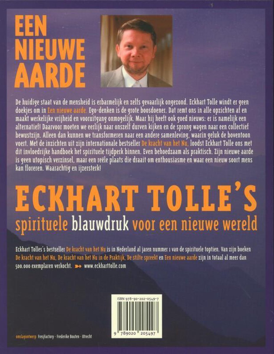 Boekomslag van 'Een nieuwe aarde' met een portret van Eckhart Tolle.