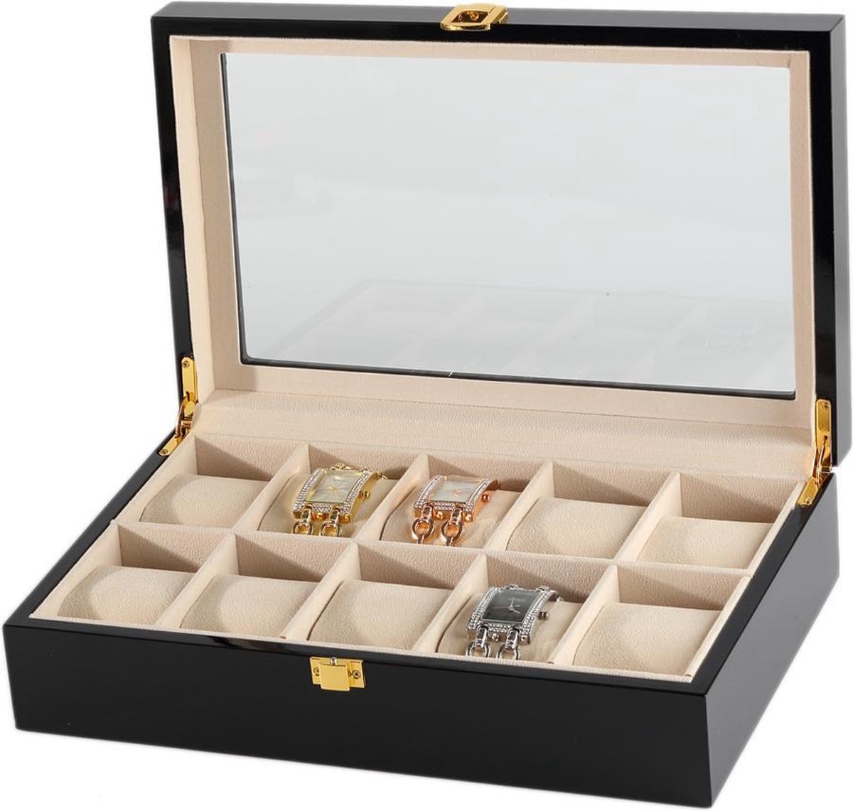 Luxe Horlogedoos - 10 compartimenten met kussentjes - voor mannen en vrouwen horloges - zwart - IMPAQT
