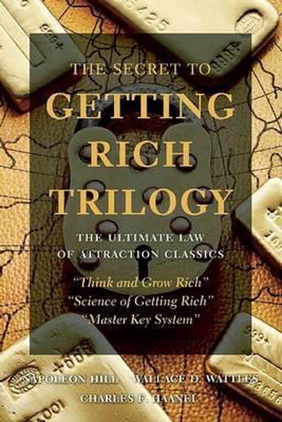 De omslag van 'The Secret to Getting Rich Trilogy' met een slot en goudstaven.
