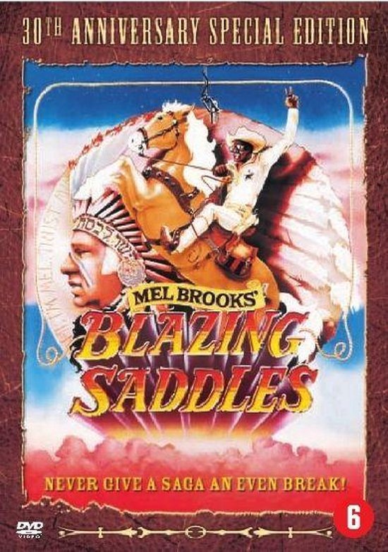 30ste Verjaardag Special Edition Mel Brooks' Blazing Saddles DVD hoes met een indiaan op een paard.