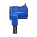 Blauwe haakse connector met een zwarte, ronde aansluiting naar beneden gericht.