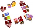 Het kaartspel Sushi Go! met de doos in het midden en kaarten verspreid in een cirkel, waaronder sushi, tempura en dumplings.