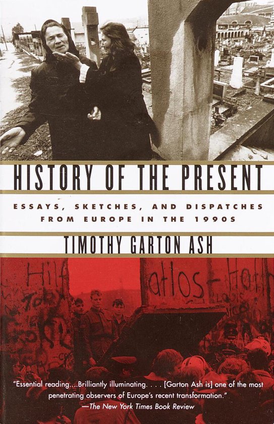 Livre 'History of the Present' avec deux personnes dans la neige et un texte sur l'Europe des années 90 sur la couverture.