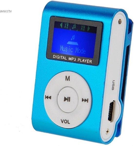 mini clip MP3 speler met display blauw en inear koptelefoon