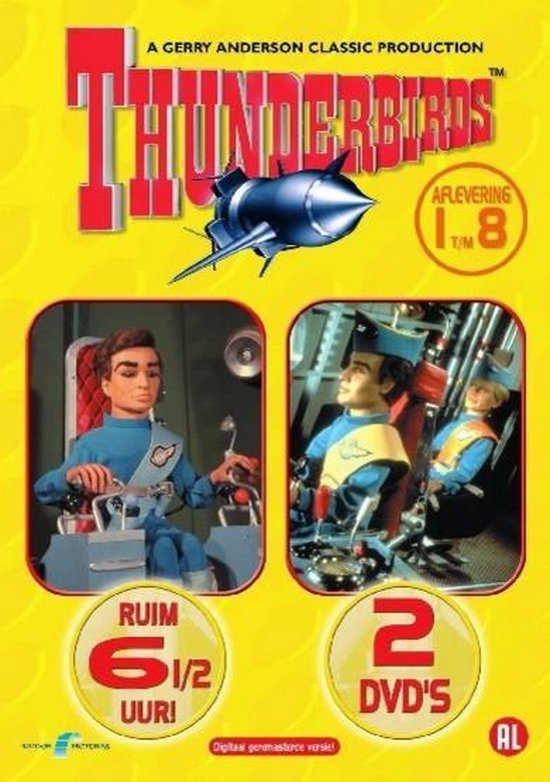 Thunderbirds DVD-cover met twee afbeeldingen van poppen in pilotenuniforms, gele achtergrond. Afl. 1 t/m 8, ruim 6 1/2 uur, 2 DVD's.